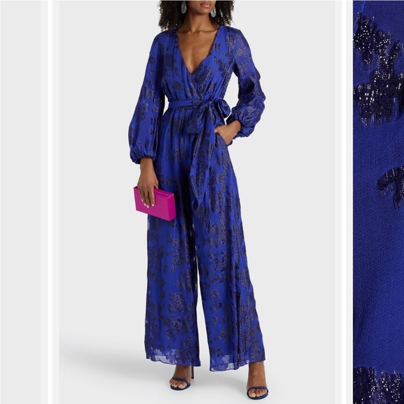 NWT ML Monique Lhuilier Belted Metallic Fil Coupe Silk Blend Wide Leg Jumpsuit 2 - Picture 3 of 16